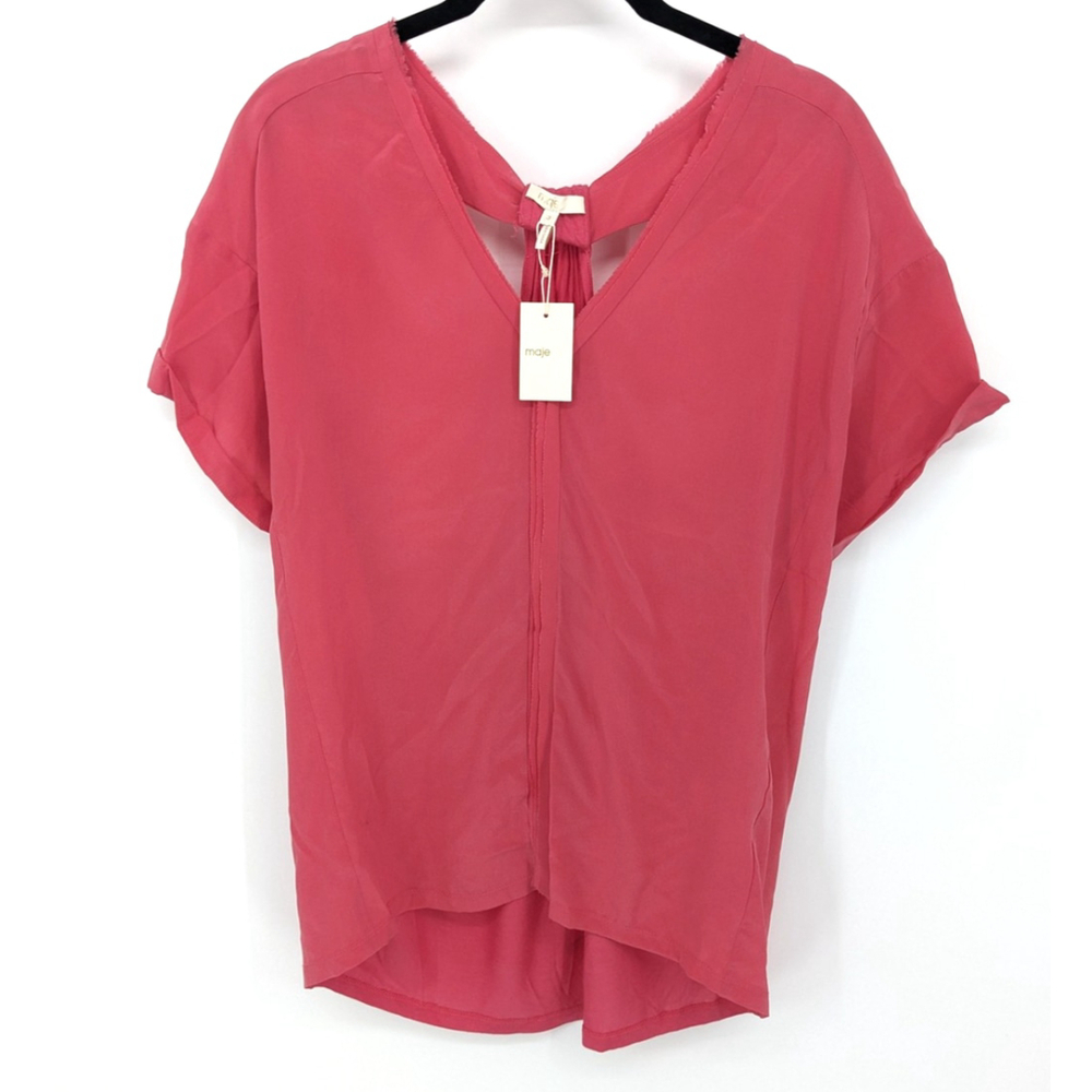 Maje Top Womens Large Pink Silk Open Back V Neck Grenadine Blouse Casual NWT